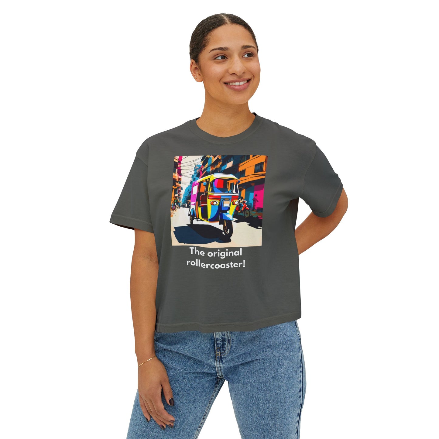 Vibrant Women's Boxy Tee - Colorful Auto Rickshaw Graphic