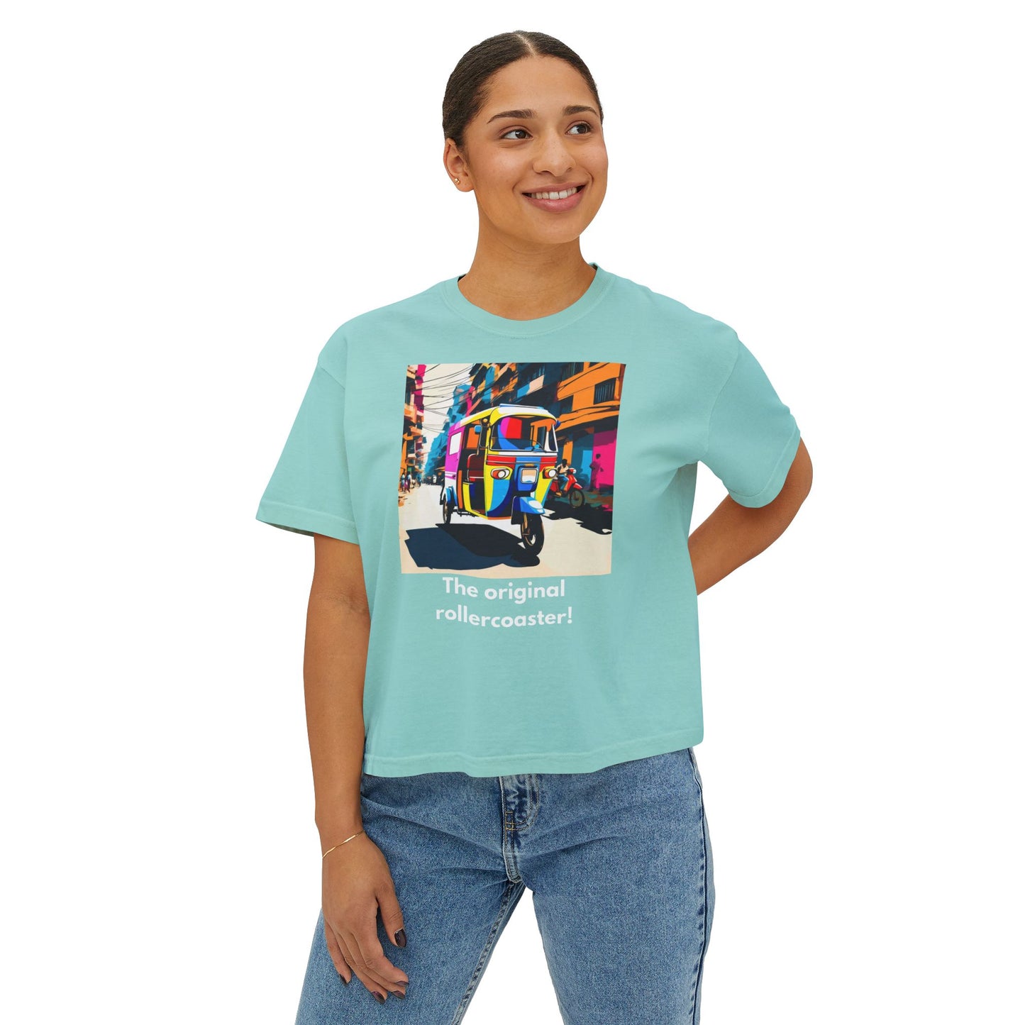 Vibrant Women's Boxy Tee - Colorful Auto Rickshaw Graphic