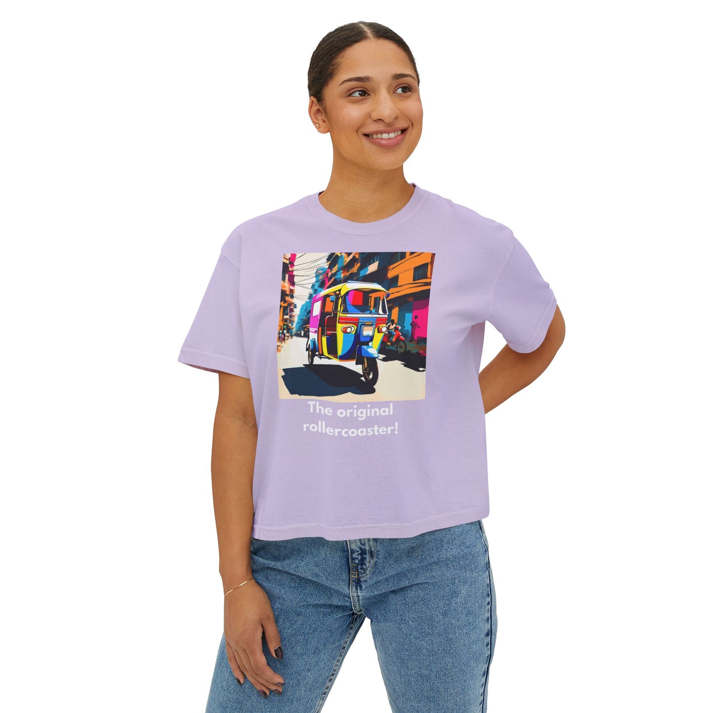 Vibrant Women's Boxy Tee - Colorful Auto Rickshaw Graphic