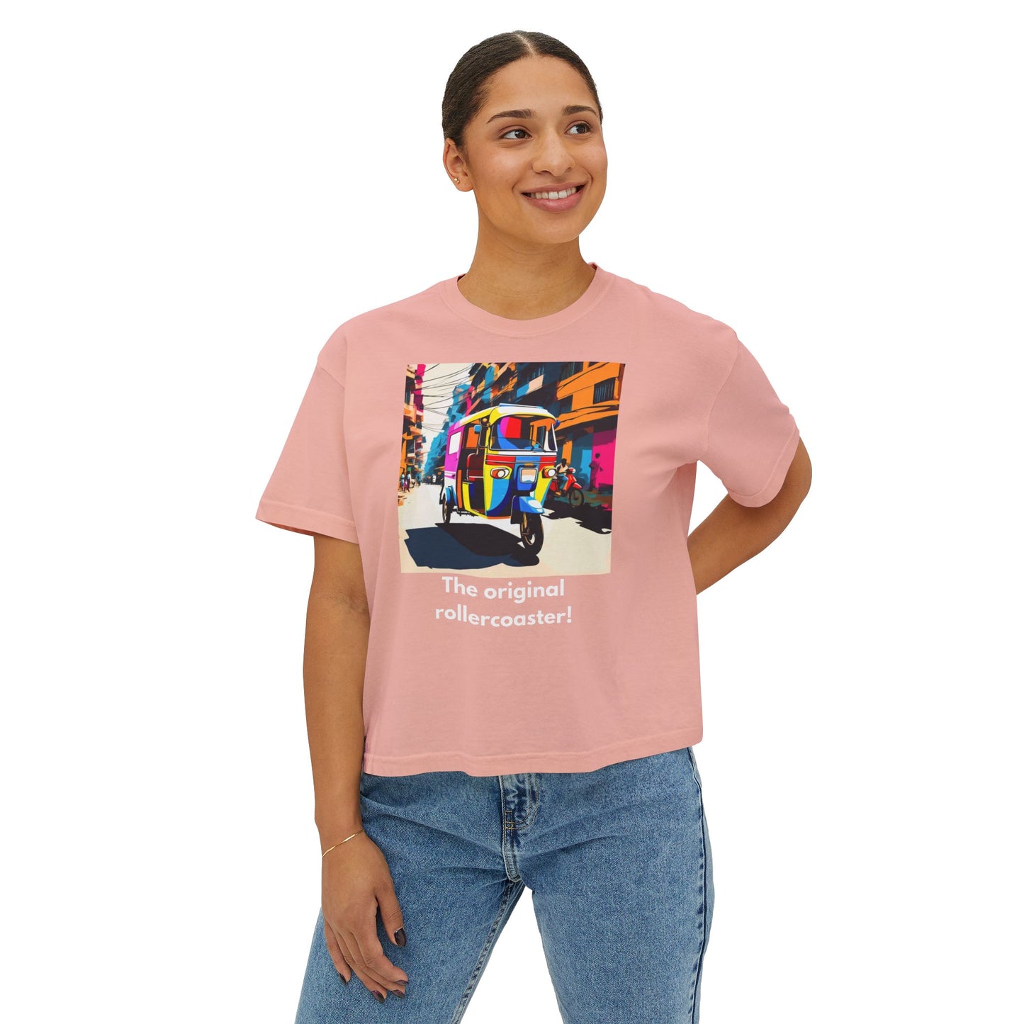 Vibrant Women's Boxy Tee - Colorful Auto Rickshaw Graphic