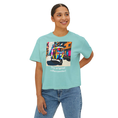 Vibrant Women's Boxy Tee - Colorful Auto Rickshaw Graphic